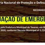 Secretaria Nacional de Proteção e Defesa Civil reconhece e ratifica situação de emergência pela Estiagem decretada pelo Município de Tavares em 08 de abril de 2020.